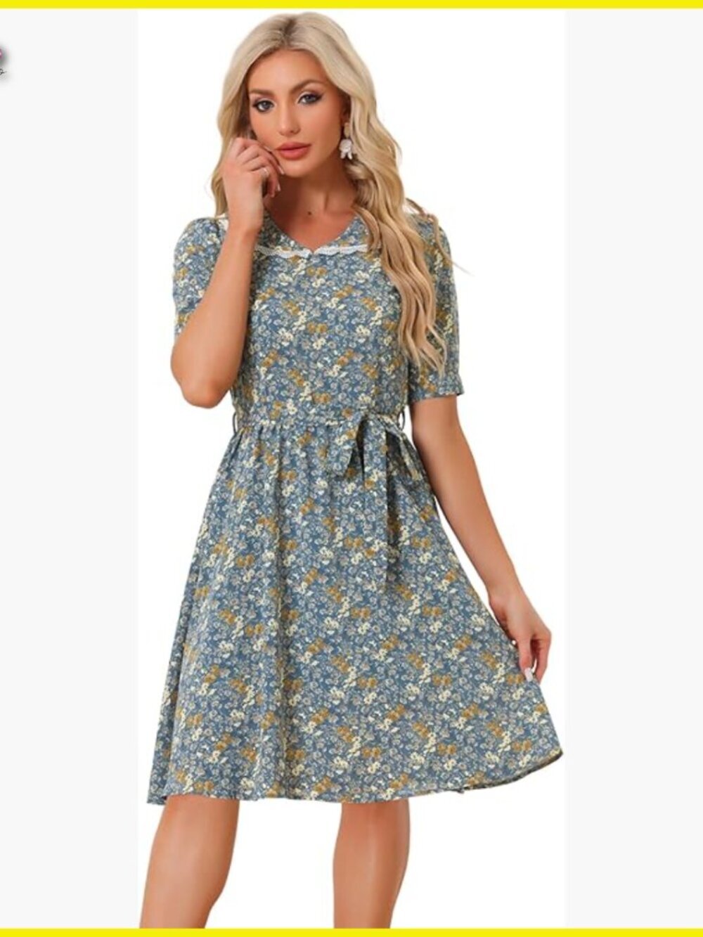 Vintage Peter Pan Collar Flowy Midi Dress Puff Sleeves High Waist Boho